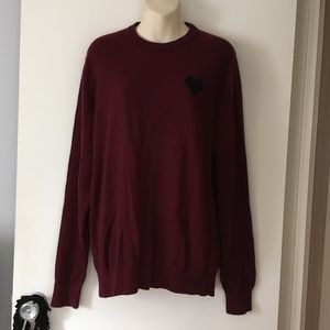 SAKS FIFTH AVENUE Burgundy Merino Wool Black Intarsia Heart Crew Sweater XL
